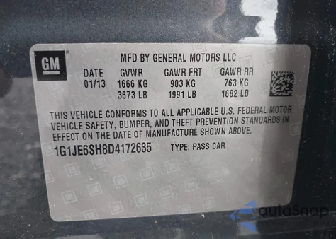 2013 Chevrolet Sonic Ltz Auto из США, поврежденный, VIN 1G1JE6SH8D4172635